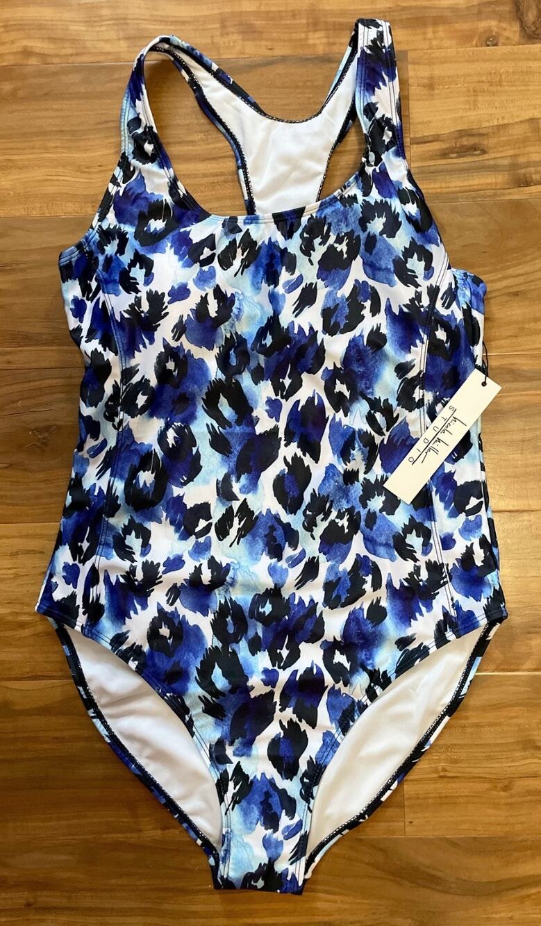 Nicole Miller Studio NWTs Blue Watercolor Leopard Racer Back Swimsuit, Size L